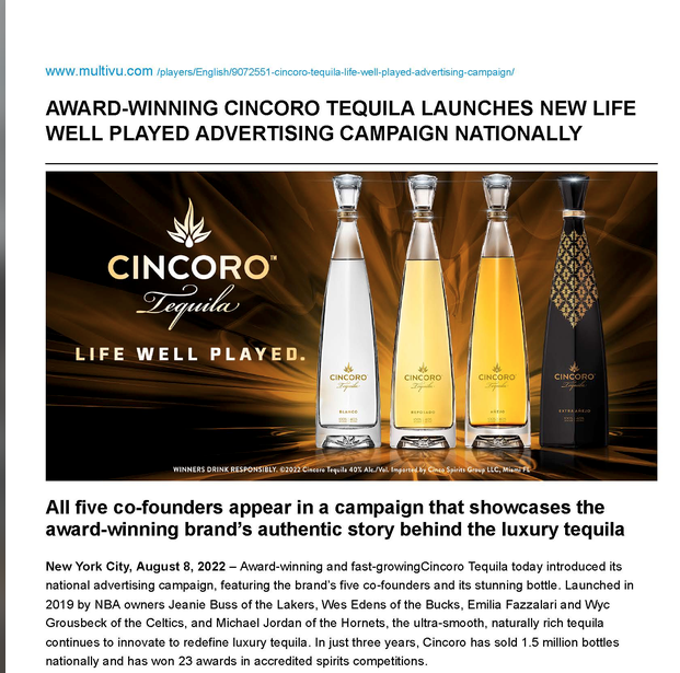 Multivu article announcing the Cincoro Life Well Played campaign